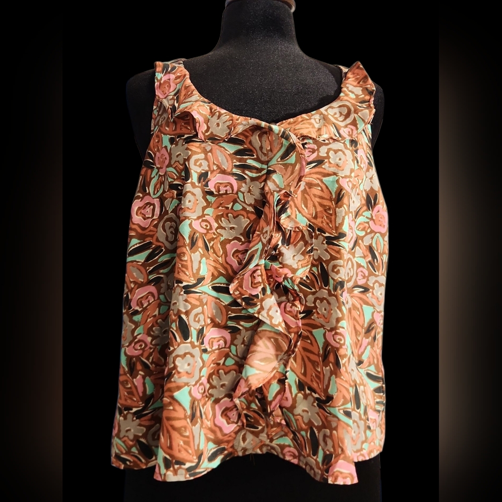 Floral Ruffle Tank Top - Brown and Pink